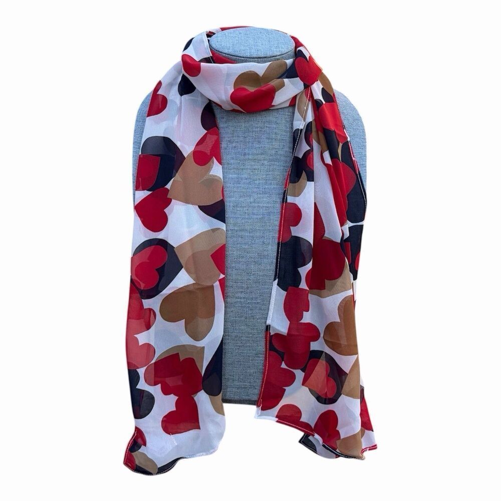 Ellen Tracy Scarf Red/Brown/Black Hearts Rectangle Love Valentine's Sweetheart